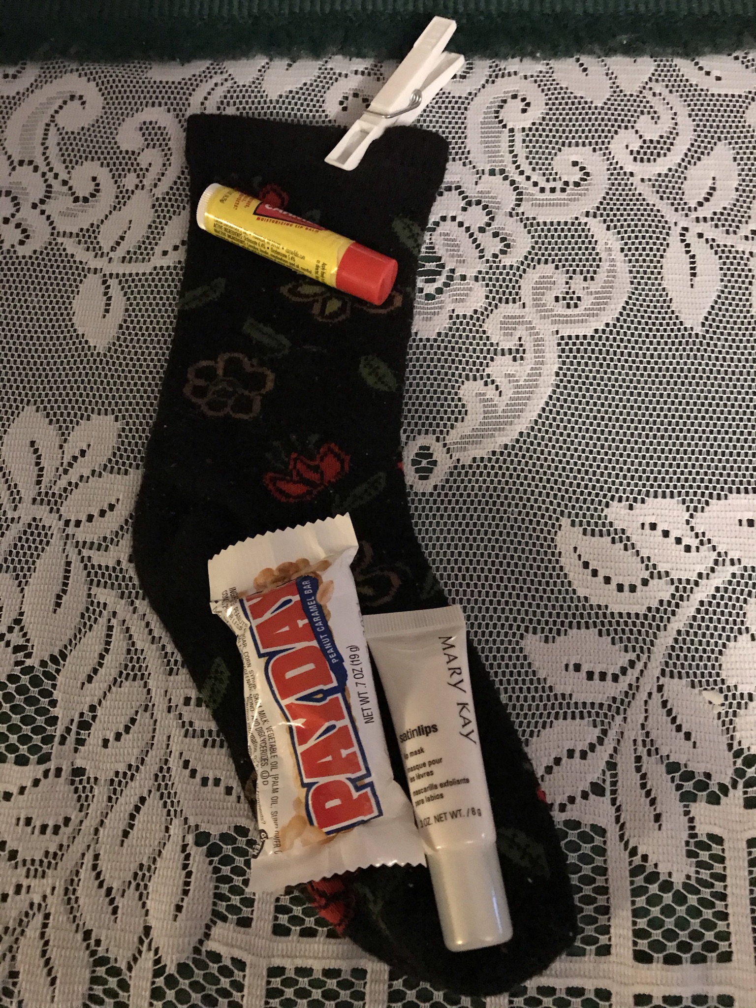 sock ready to be stuffed with lip balm and other small items.