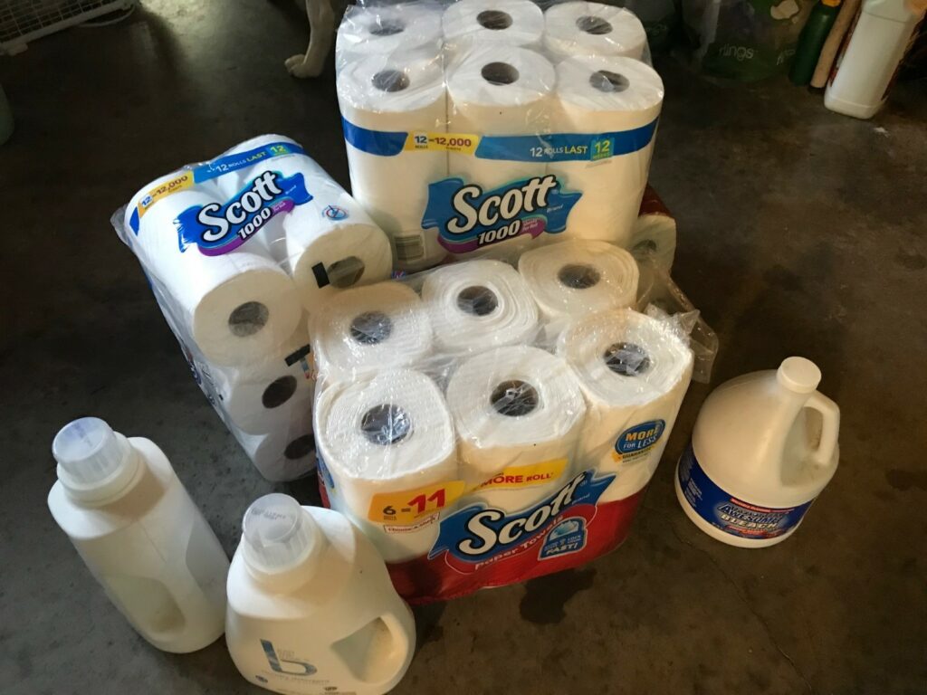 Array of Toilet Paper, Bleach, Detergent, and Paper Towels