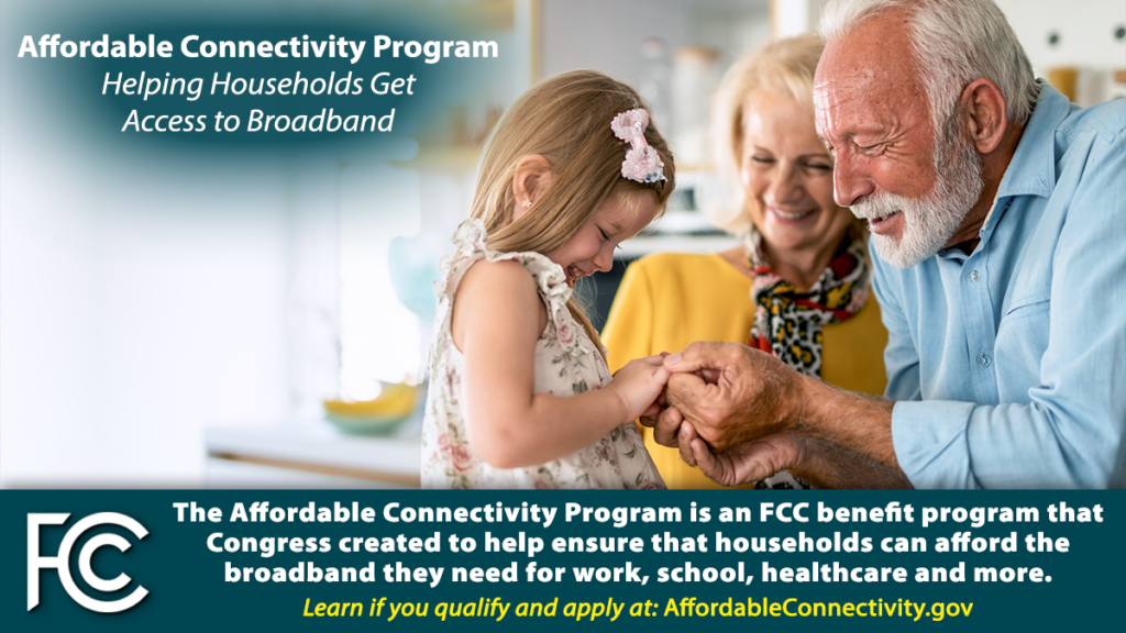 Older man and woman with small child smiling at her. Promo by the FCC for the Affordable Connectivity Program, Helping Households Get Access to Broadband. Learn if you qualify and apply at AffordableConnectivity.gov