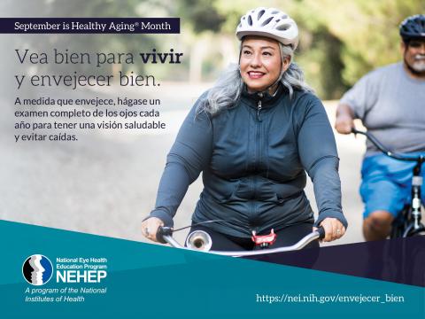 woman riding bike with language in spanish saying live a good life. get an eye exam.