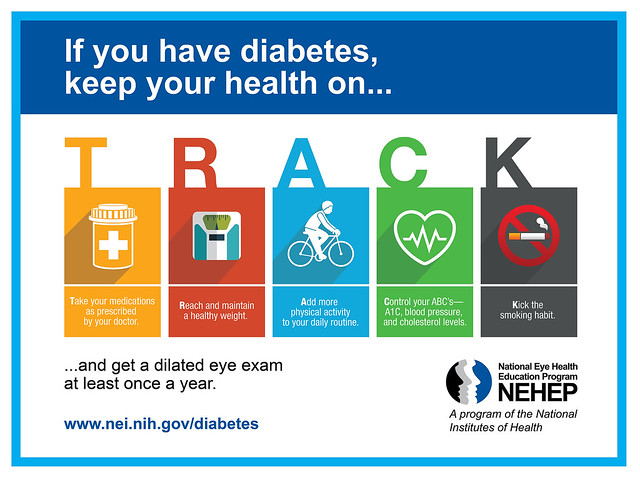 November is National Diabetes Month www.nei,nih.gov/diabetes. If you have diabetes, keep your health on TRACK and get a dilated eye exam at least once per year. There are a series of icons showing medications, monitoring, exercise, eating properly, and no smoking