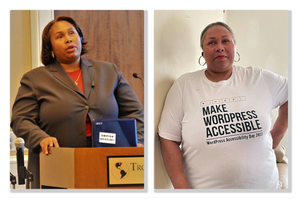 photo on left shows Empish wearing a suit and speaking from a podium. photo on the right shows Empish wearing a white tee shirt with the words "Make WordPress Accessible, WordPress Accessibility Day 2022"