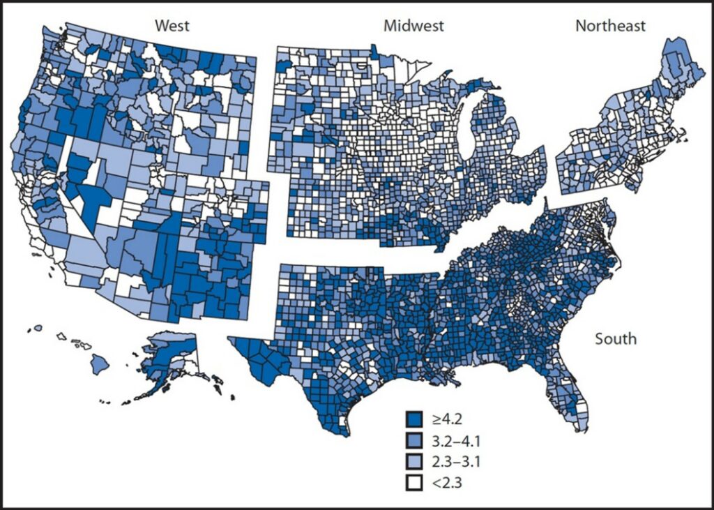 map of US showing population distribution of people with vision loss. Dark blue indicates higher numbers